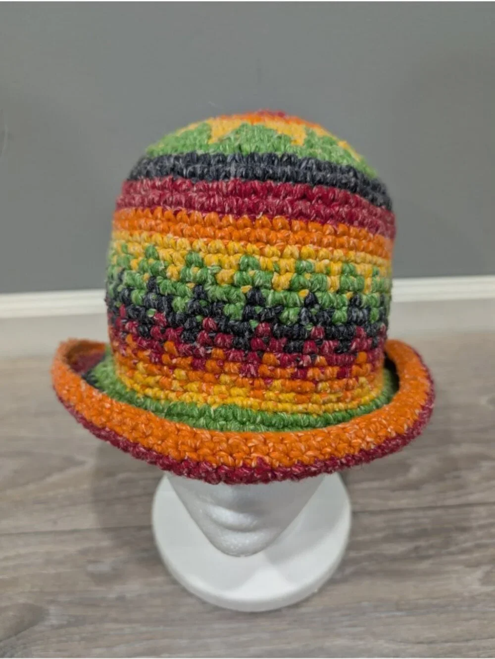 Casa De La Lana Bucket Hat Rainbow Handknit 100% Wool Boho Festival Stripe Sun